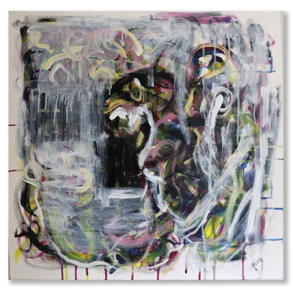 Mixed media painting Fear by Louise Duggan – textured canvas with dark tones and obscured figures.