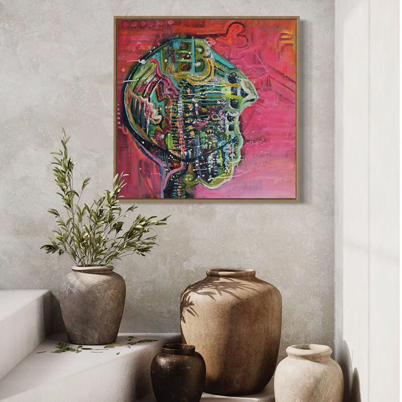 Boy in Pink painting by Louise Duggan – expressive mixed media portrait with bright pink and abstract pattern.