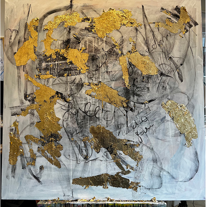 Charcoal and gold leaf on a canvas