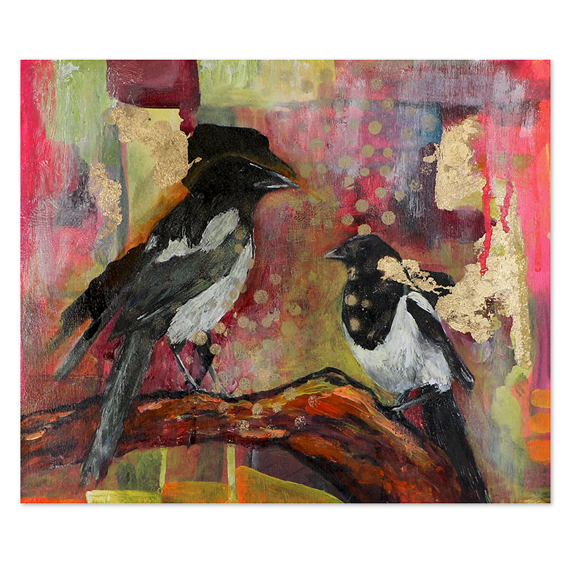 Mixed media painting of two magpies