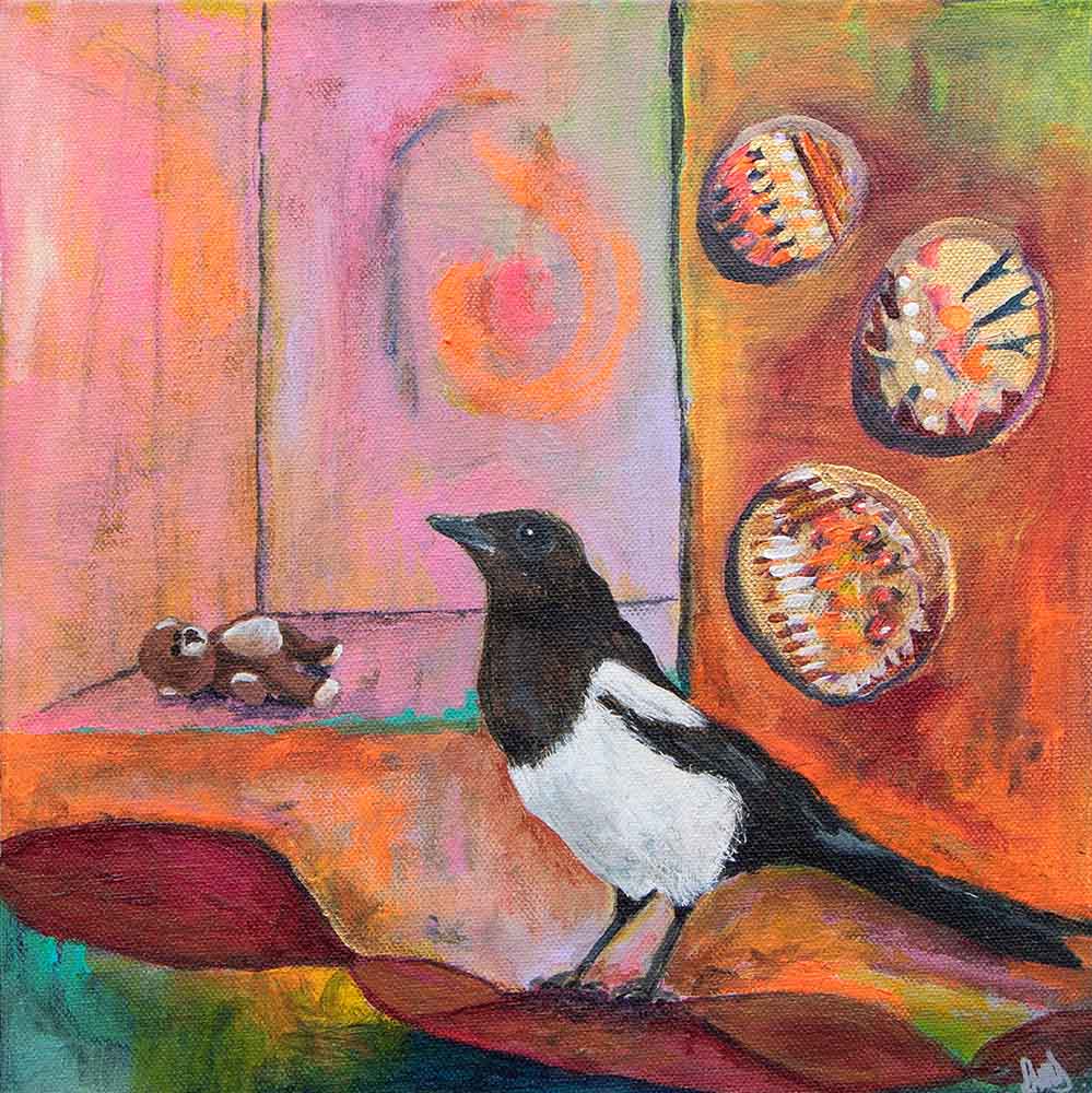 A painting of a solitary magpie