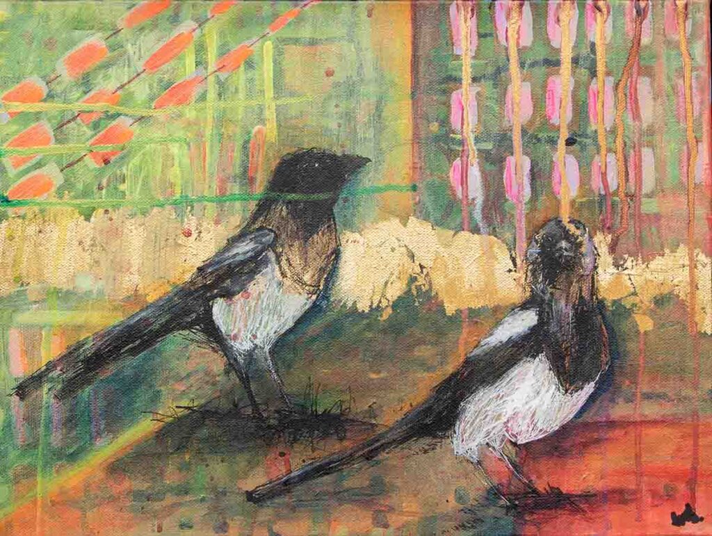 Painting of two magpies