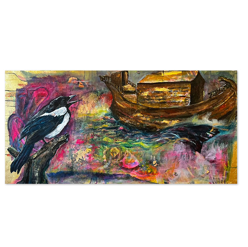 Mixed media painting of a magpie and noah's arch