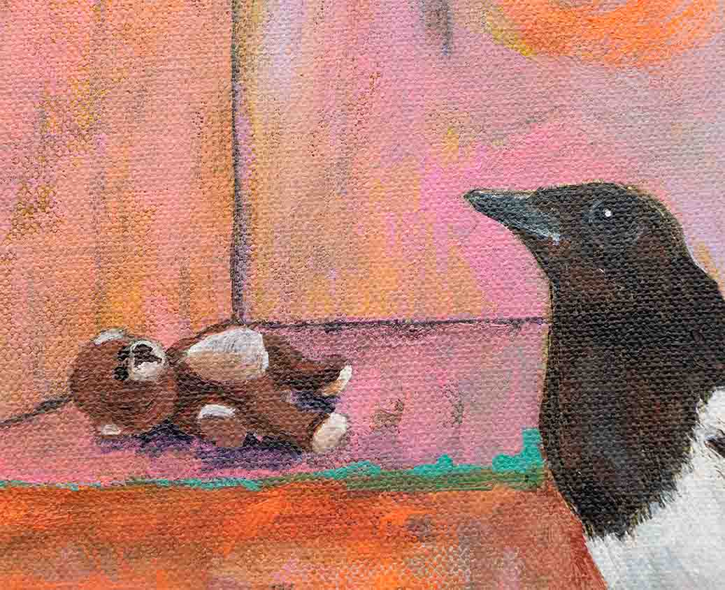 A painting of a solitary magpie