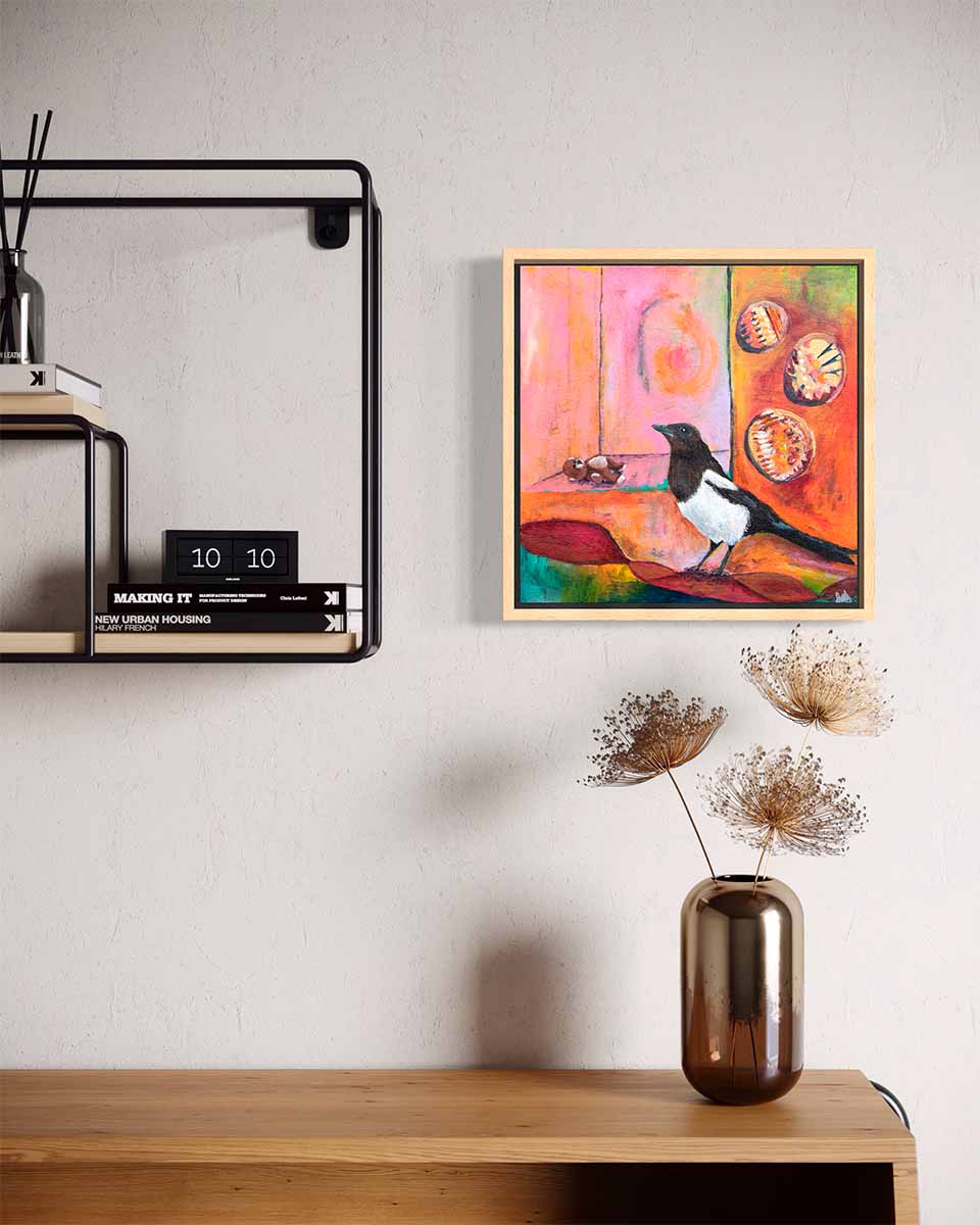 A painting of a solitary magpie