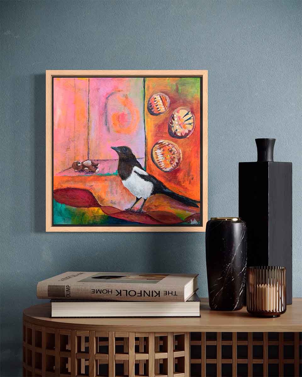 A painting of a solitary magpie
