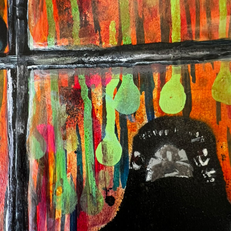 Painting of two magpies looking in a window