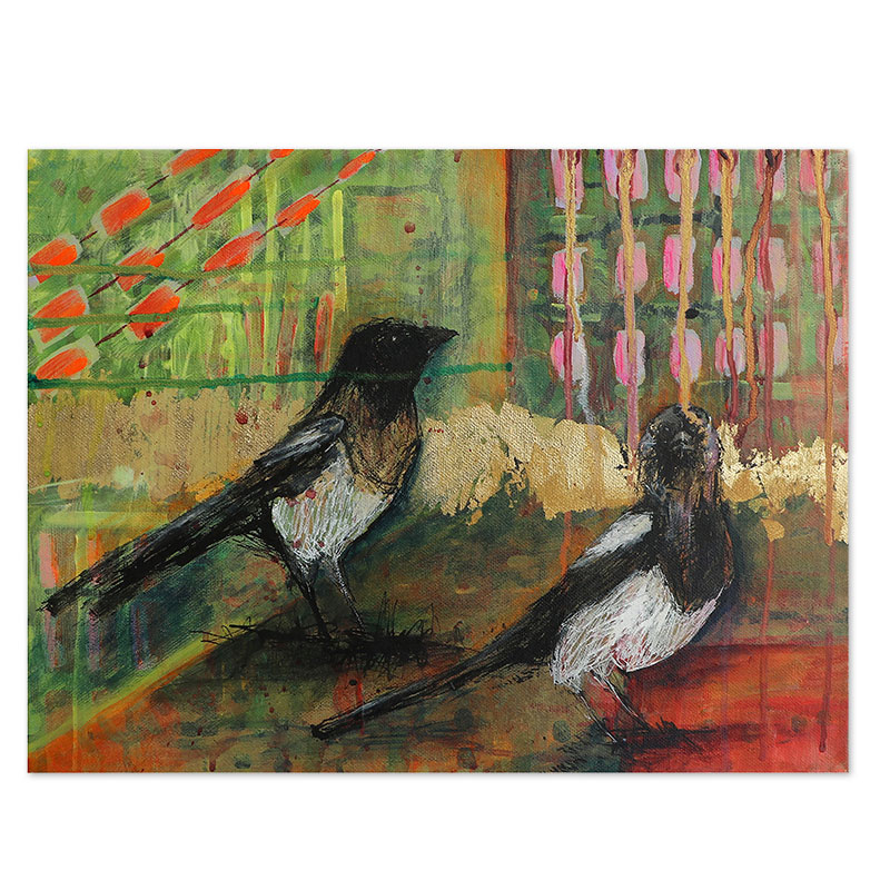 Mixed media painting of two magpies